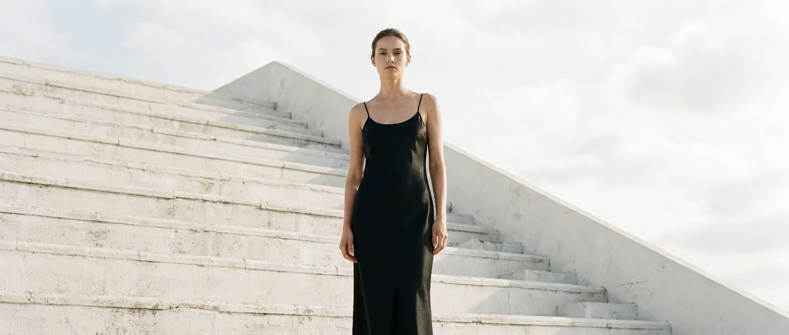 Satin slip dress — Black bias satin — the hardest thing to light