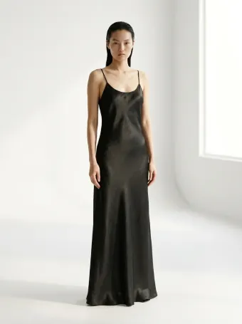 Satin slip dress — Black bias satin — the hardest thing to light