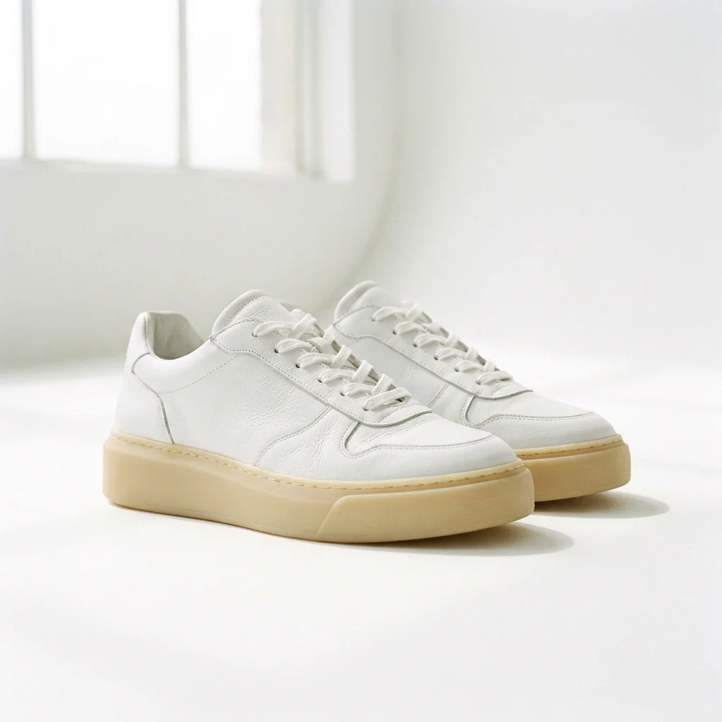 Leather sneakers — On a foot, at a walking angle